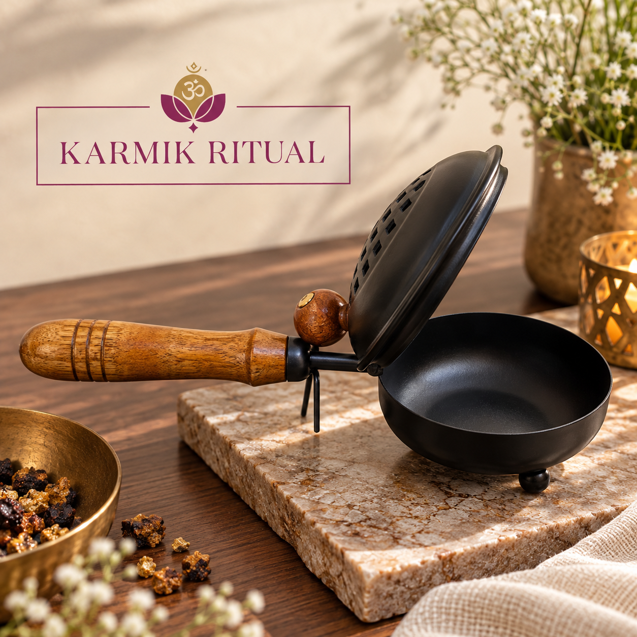 Metal Incense Burner with Wooden Handle Cast Iron Incense Holder (Black)